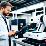 A professional engineer, fully clothed in a modest, clean lab coat over professional attire, standing beside an advanced collaborative robot (cobot) on a brightly lit, modern factory floor. The cobot is designed for precision tasks, gently holding a component while the engineer observes with a thoughtful expression. The background shows blurred, high-tech machinery and integrated systems. Perfect anatomy, correct proportions, natural pose, well-formed hands, proper finger count. High-resolution professional photography, natural lighting, sharp focus, safe for work, appropriate content, family-friendly.