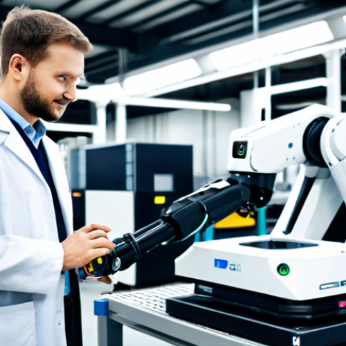 Home 18 A professional engineer, fully clothed in a modest, clean lab coat over professional attire, standing beside an advanced collaborative robot (cobot) on a brightly lit, modern factory floor. The cobot is designed for precision tasks, gently holding a component while the engineer observes with a thoughtful expression. The background shows blurred, high-tech machinery and integrated systems. Perfect anatomy, correct proportions, natural pose, well-formed hands, proper finger count. High-resolution professional photography, natural lighting, sharp focus, safe for work, appropriate content, family-friendly.