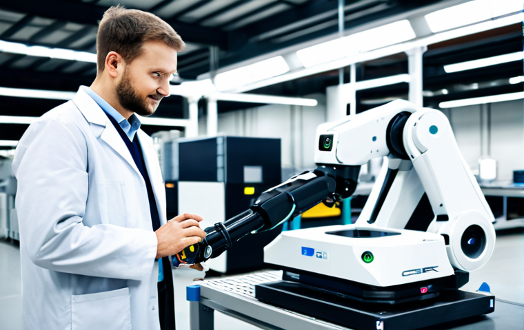 A professional engineer, fully clothed in a modest, clean lab coat over professional attire, standing beside an advanced collaborative robot (cobot) on a brightly lit, modern factory floor. The cobot is designed for precision tasks, gently holding a component while the engineer observes with a thoughtful expression. The background shows blurred, high-tech machinery and integrated systems. Perfect anatomy, correct proportions, natural pose, well-formed hands, proper finger count. High-resolution professional photography, natural lighting, sharp focus, safe for work, appropriate content, family-friendly.