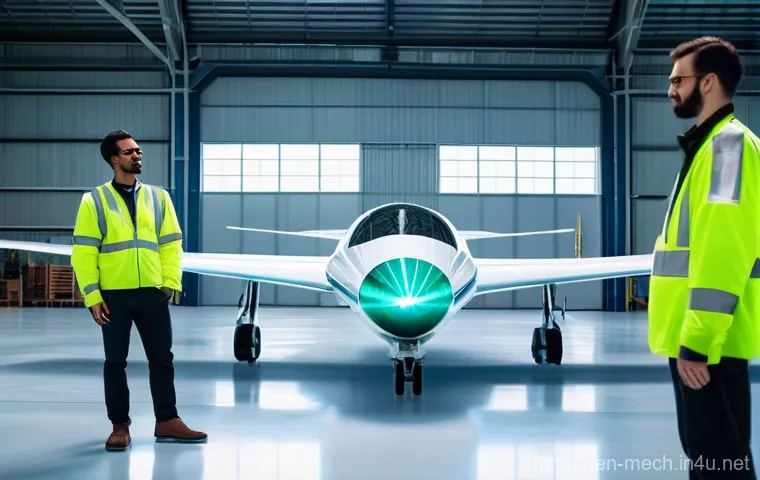 기계공학 항공기설계 - **Prompt:** A group of diverse, enthusiastic engineers, both male and female, stand proudly beside a...