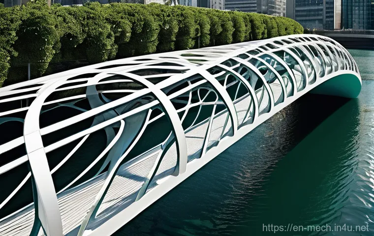 기계공학 구조설계 - **Image Prompt: Generative Design - Organic Bridge Structure**
A futuristic, organically shaped ...