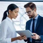 기계공학 기계설비설계 - **Prompt:** A diverse group of mechanical engineers (two women and one man, all in professional yet ...