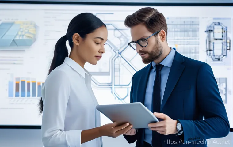 기계공학 기계설비설계 - **Prompt:** A diverse group of mechanical engineers (two women and one man, all in professional yet ...