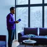 기계공학 열화상카메라 - **Prompt:** A cozy, modern living room interior during winter twilight. A person in their late 30s, ...