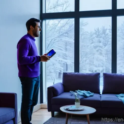 Home 26 기계공학 열화상카메라 - **Prompt:** A cozy, modern living room interior during winter twilight. A person in their late 30s, ...