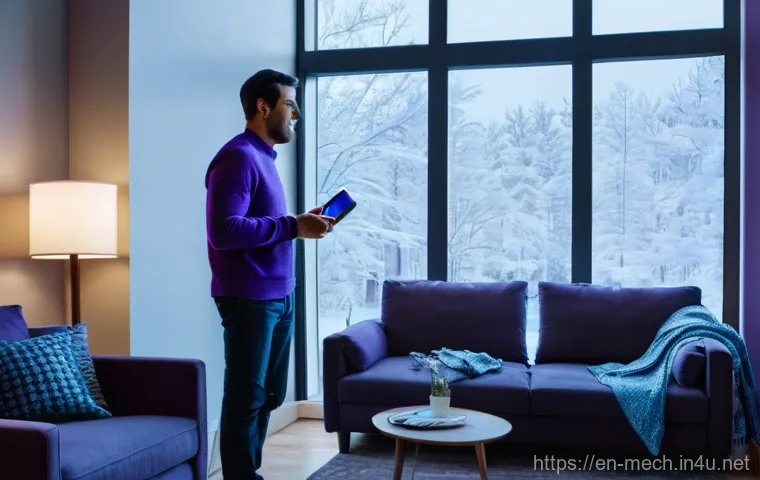 기계공학 열화상카메라 - **Prompt:** A cozy, modern living room interior during winter twilight. A person in their late 30s, ...