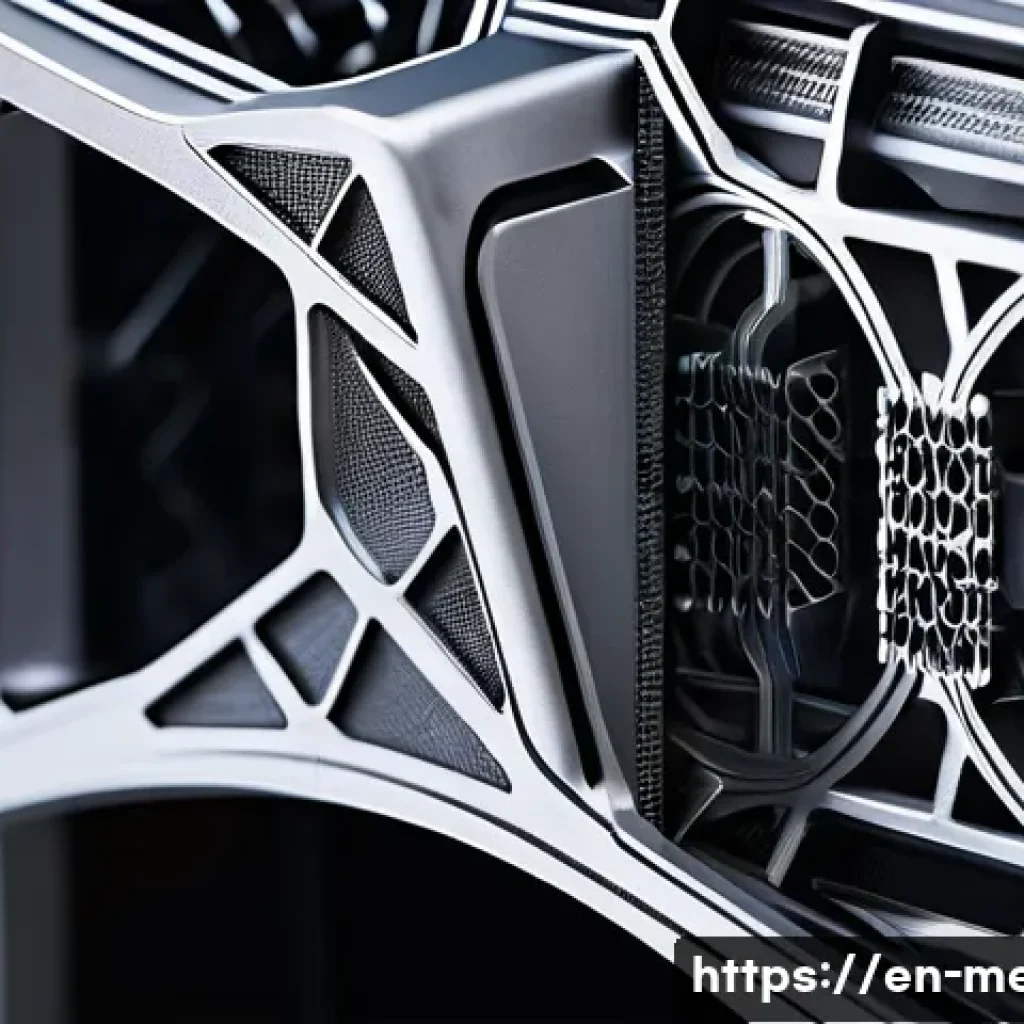 기계공학 적층가공기술 - A highly detailed close-up of a complex aerospace component created by additive manufacturing, showc...