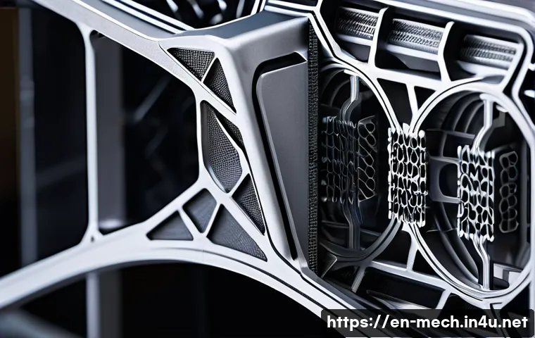 기계공학 적층가공기술 - A highly detailed close-up of a complex aerospace component created by additive manufacturing, showc...