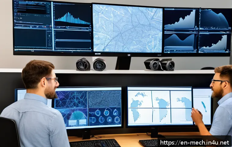 기계공학 기계소프트웨어 - A high-tech engineering workspace featuring diverse engineers collaborating on cloud-based CAD and C...