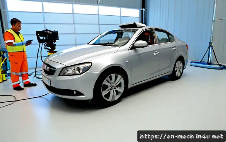 기계공학 충돌분석 - Photorealistic automotive crash analysis laboratory, a compact silver sedan positioned after a contr...