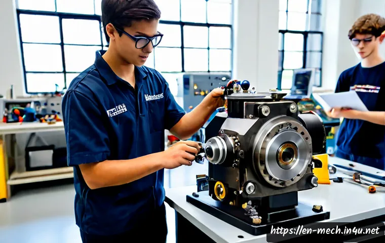 Home 30 기계공학 기계공학커리큘럼 - Photorealistic university mechanical engineering laboratory, diverse undergraduate students wearing ...