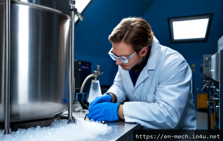 Home 17 기계공학 저온재료 - Photorealistic close-up of a mechanical engineer in a modern cryogenic materials laboratory, wearing...
