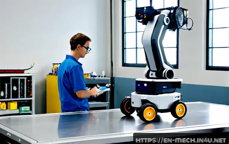 기계공학 자율로봇 - Photorealistic autonomous mobile robot navigating a clean mechanical engineering laboratory, compact...